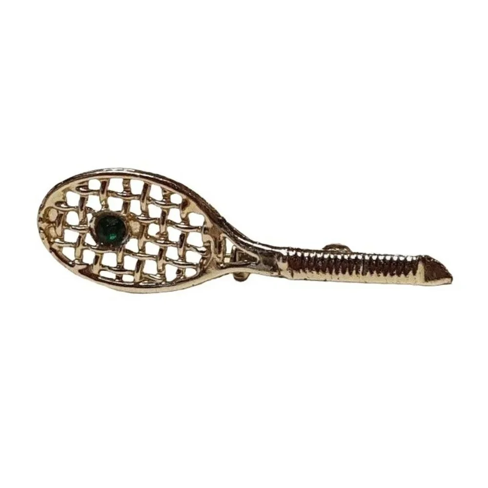 Vintage Brooch Lapel Pin Tennis Racket With Emerald Green Stone Silver Tone - Picture 1 of 9